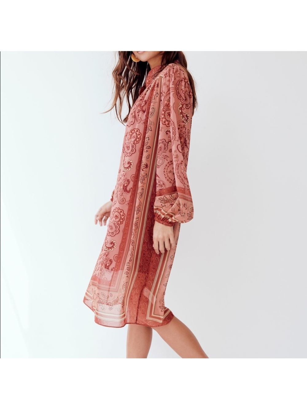 NWT Wilfred Solene Boho Dress Chiffon Long Sleeve Hippie Terracotta Rust Folk - Picture 3 of 13